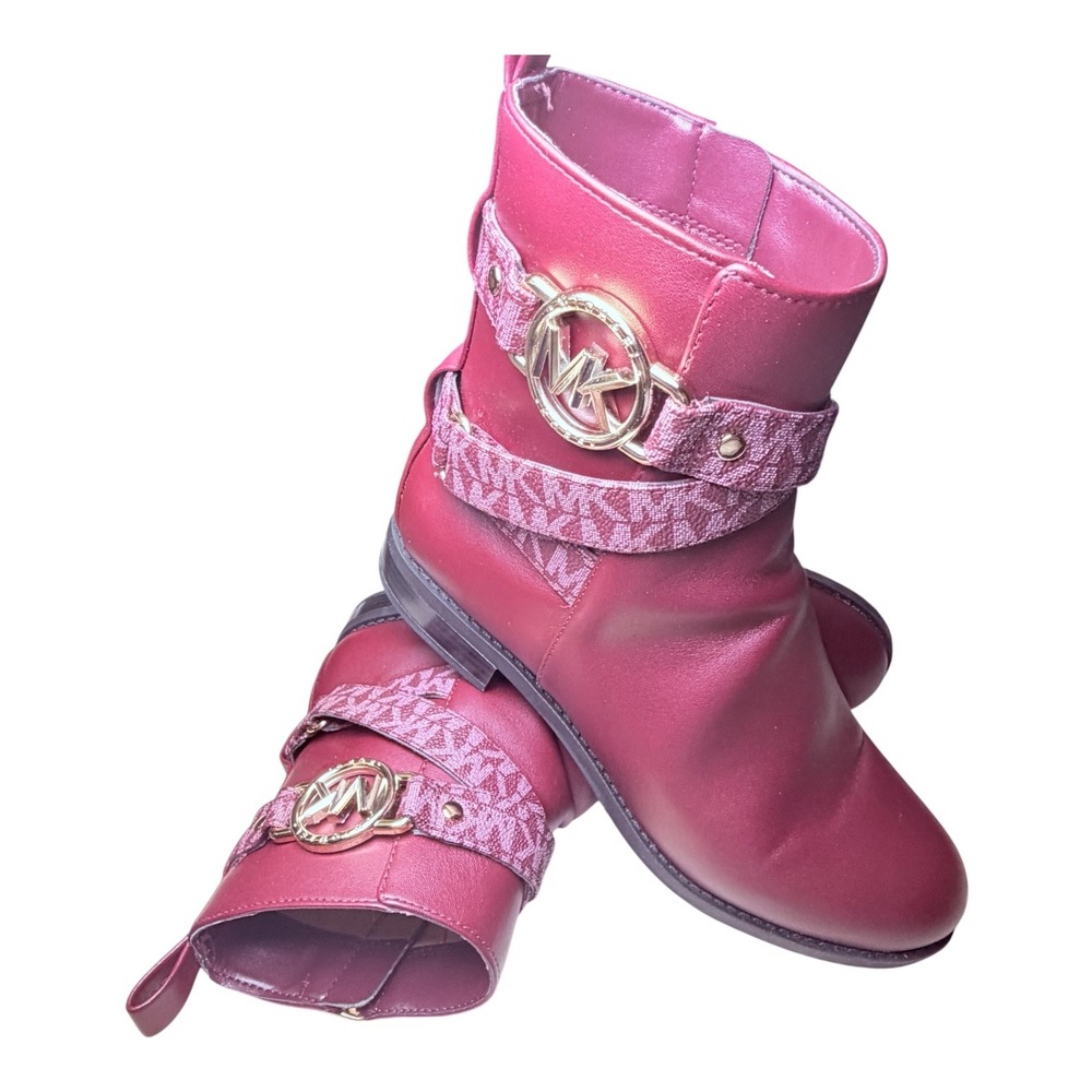 Michael Kors Womens Ankle Boots Burgundy MK Logo Straps Gold Hardware 6.5M SI22F